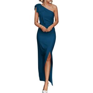 imagePRETTYGARDEN Womens Summer One Shoulder Long Formal Dresses Sleeveless Ruched Bodycon Wedding Guest Slit Maxi DressDark Blue