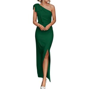 imagePRETTYGARDEN Womens Summer One Shoulder Long Formal Dresses Sleeveless Ruched Bodycon Wedding Guest Slit Maxi DressDark Green