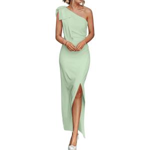 imagePRETTYGARDEN Womens Summer One Shoulder Long Formal Dresses Sleeveless Ruched Bodycon Wedding Guest Slit Maxi DressLight Green