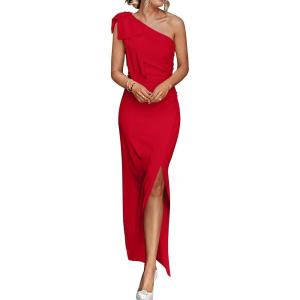 imagePRETTYGARDEN Womens Summer One Shoulder Long Formal Dresses Sleeveless Ruched Bodycon Wedding Guest Slit Maxi DressRed