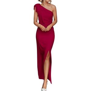 imagePRETTYGARDEN Womens Summer One Shoulder Long Formal Dresses Sleeveless Ruched Bodycon Wedding Guest Slit Maxi DressWine Red