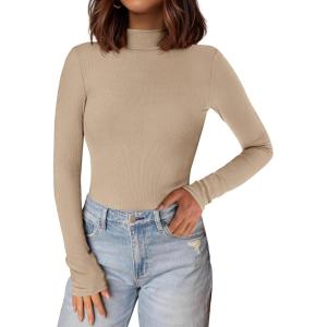 imagePRETTYGARDEN Womens Turtleneck Long Sleeve Shirts 2025 Fall Basic Tees Ribbed Fitted Tops Thermal Layering Knit Top ClothesApricot