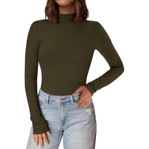 imagePRETTYGARDEN Womens Turtleneck Long Sleeve Shirts 2025 Fall Basic Tees Ribbed Fitted Tops Thermal Layering Knit Top ClothesArmy Green