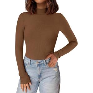 imagePRETTYGARDEN Womens Turtleneck Long Sleeve Shirts 2025 Fall Basic Tees Ribbed Fitted Tops Thermal Layering Knit Top ClothesBrown