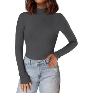 imagePRETTYGARDEN Womens Turtleneck Long Sleeve Shirts 2025 Fall Basic Tees Ribbed Fitted Tops Thermal Layering Knit Top ClothesDark Grey
