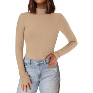 imagePRETTYGARDEN Womens Turtleneck Long Sleeve Shirts 2025 Fall Basic Tees Ribbed Fitted Tops Thermal Layering Knit Top ClothesKhaki