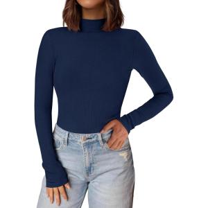 imagePRETTYGARDEN Womens Turtleneck Long Sleeve Shirts 2025 Fall Basic Tees Ribbed Fitted Tops Thermal Layering Knit Top ClothesNavy