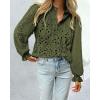 imagePRETTYGARDEN Womens Dressy Casual Blouse Tops Fall Spring Puff Long Sleeve Button V Neck Hollow Out Lace Embroidered ShirtsArmy Green