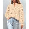 imagePRETTYGARDEN Womens Dressy Casual Blouse Tops Fall Spring Puff Long Sleeve Button V Neck Hollow Out Lace Embroidered ShirtsBeige