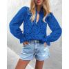 imagePRETTYGARDEN Womens Dressy Casual Blouse Tops Fall Spring Puff Long Sleeve Button V Neck Hollow Out Lace Embroidered ShirtsBlue