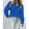 imagePRETTYGARDEN Womens Dressy Casual Blouse Tops Fall Spring Puff Long Sleeve Button V Neck Hollow Out Lace Embroidered ShirtsBlue
