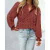 imagePRETTYGARDEN Womens Dressy Casual Blouse Tops Fall Spring Puff Long Sleeve Button V Neck Hollow Out Lace Embroidered ShirtsBrown Red