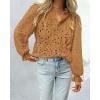 imagePRETTYGARDEN Womens Dressy Casual Blouse Tops Fall Spring Puff Long Sleeve Button V Neck Hollow Out Lace Embroidered ShirtsKhaki