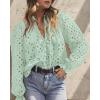 imagePRETTYGARDEN Womens Dressy Casual Blouse Tops Fall Spring Puff Long Sleeve Button V Neck Hollow Out Lace Embroidered ShirtsLight Green