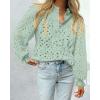 imagePRETTYGARDEN Womens Dressy Casual Blouse Tops Fall Spring Puff Long Sleeve Button V Neck Hollow Out Lace Embroidered ShirtsLight Green