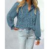 imagePRETTYGARDEN Womens Dressy Casual Blouse Tops Fall Spring Puff Long Sleeve Button V Neck Hollow Out Lace Embroidered ShirtsMist Blue
