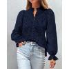 imagePRETTYGARDEN Womens Dressy Casual Blouse Tops Fall Spring Puff Long Sleeve Button V Neck Hollow Out Lace Embroidered ShirtsNavy