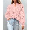 imagePRETTYGARDEN Womens Dressy Casual Blouse Tops Fall Spring Puff Long Sleeve Button V Neck Hollow Out Lace Embroidered ShirtsPink