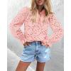 imagePRETTYGARDEN Womens Dressy Casual Blouse Tops Fall Spring Puff Long Sleeve Button V Neck Hollow Out Lace Embroidered ShirtsPink