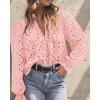 imagePRETTYGARDEN Womens Dressy Casual Blouse Tops Fall Spring Puff Long Sleeve Button V Neck Hollow Out Lace Embroidered ShirtsPink
