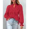 imagePRETTYGARDEN Womens Dressy Casual Blouse Tops Fall Spring Puff Long Sleeve Button V Neck Hollow Out Lace Embroidered ShirtsRed