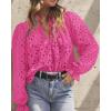 imagePRETTYGARDEN Womens Dressy Casual Blouse Tops Fall Spring Puff Long Sleeve Button V Neck Hollow Out Lace Embroidered ShirtsRose Red