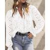 imagePRETTYGARDEN Womens Dressy Casual Blouse Tops Fall Spring Puff Long Sleeve Button V Neck Hollow Out Lace Embroidered ShirtsWhite