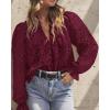 imagePRETTYGARDEN Womens Dressy Casual Blouse Tops Fall Spring Puff Long Sleeve Button V Neck Hollow Out Lace Embroidered ShirtsWine Red