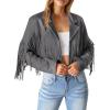 imagePRETTYGARDEN Womens Fringe Faux Suede Leather Jackets Fall Fashion 2025 Tassel Motorcycle Cropped CoatsSilver Grey