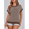 imagePRETTYGARDEN Womens Short Sleeve Sweater Spring Summer 2025 Round Neck Striped Pullover Cap Sleeve Knit Sweater Vest TopsDark Brown