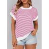 imagePRETTYGARDEN Womens Short Sleeve Sweater Spring Summer 2025 Round Neck Striped Pullover Cap Sleeve Knit Sweater Vest TopsRose Red
