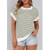 imagePRETTYGARDEN Womens Short Sleeve Sweater Spring Summer 2025 Round Neck Striped Pullover Cap Sleeve Knit Sweater Vest TopsStriped White Army Green