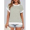 imagePRETTYGARDEN Womens Short Sleeve Sweater Spring Summer 2025 Round Neck Striped Pullover Cap Sleeve Knit Sweater Vest TopsStriped White Army Green