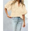 imagePRETTYGARDEN Womens Summer Tops 2025 Dressy Casual Short Sleeve V Neck Buttons Hollow Out Lace Embroidered Blouses ShirtsBeige