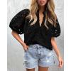 imagePRETTYGARDEN Womens Summer Tops 2025 Dressy Casual Short Sleeve V Neck Buttons Hollow Out Lace Embroidered Blouses ShirtsBlack
