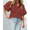 imagePRETTYGARDEN Womens Summer Tops 2025 Dressy Casual Short Sleeve V Neck Buttons Hollow Out Lace Embroidered Blouses ShirtsBrown Red