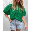 imagePRETTYGARDEN Womens Summer Tops 2025 Dressy Casual Short Sleeve V Neck Buttons Hollow Out Lace Embroidered Blouses ShirtsDark Green