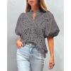 imagePRETTYGARDEN Womens Summer Tops 2025 Dressy Casual Short Sleeve V Neck Buttons Hollow Out Lace Embroidered Blouses ShirtsDark Grey