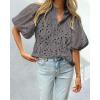 imagePRETTYGARDEN Womens Summer Tops 2025 Dressy Casual Short Sleeve V Neck Buttons Hollow Out Lace Embroidered Blouses ShirtsDark Grey