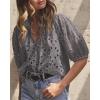 imagePRETTYGARDEN Womens Summer Tops 2025 Dressy Casual Short Sleeve V Neck Buttons Hollow Out Lace Embroidered Blouses ShirtsDark Grey