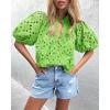 imagePRETTYGARDEN Womens Summer Tops 2025 Dressy Casual Short Sleeve V Neck Buttons Hollow Out Lace Embroidered Blouses ShirtsGrass Green