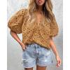 imagePRETTYGARDEN Womens Summer Tops 2025 Dressy Casual Short Sleeve V Neck Buttons Hollow Out Lace Embroidered Blouses ShirtsKhaki