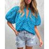 imagePRETTYGARDEN Womens Summer Tops 2025 Dressy Casual Short Sleeve V Neck Buttons Hollow Out Lace Embroidered Blouses ShirtsLake Blue