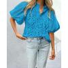 imagePRETTYGARDEN Womens Summer Tops 2025 Dressy Casual Short Sleeve V Neck Buttons Hollow Out Lace Embroidered Blouses ShirtsLake Blue