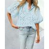 imagePRETTYGARDEN Womens Summer Tops 2025 Dressy Casual Short Sleeve V Neck Buttons Hollow Out Lace Embroidered Blouses ShirtsLight Blue