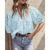 imagePRETTYGARDEN Womens Summer Tops 2025 Dressy Casual Short Sleeve V Neck Buttons Hollow Out Lace Embroidered Blouses ShirtsLight Blue
