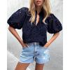 imagePRETTYGARDEN Womens Summer Tops 2025 Dressy Casual Short Sleeve V Neck Buttons Hollow Out Lace Embroidered Blouses ShirtsNavy