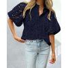 imagePRETTYGARDEN Womens Summer Tops 2025 Dressy Casual Short Sleeve V Neck Buttons Hollow Out Lace Embroidered Blouses ShirtsNavy