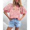 imagePRETTYGARDEN Womens Summer Tops 2025 Dressy Casual Short Sleeve V Neck Buttons Hollow Out Lace Embroidered Blouses ShirtsPink