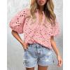 imagePRETTYGARDEN Womens Summer Tops 2025 Dressy Casual Short Sleeve V Neck Buttons Hollow Out Lace Embroidered Blouses ShirtsPink